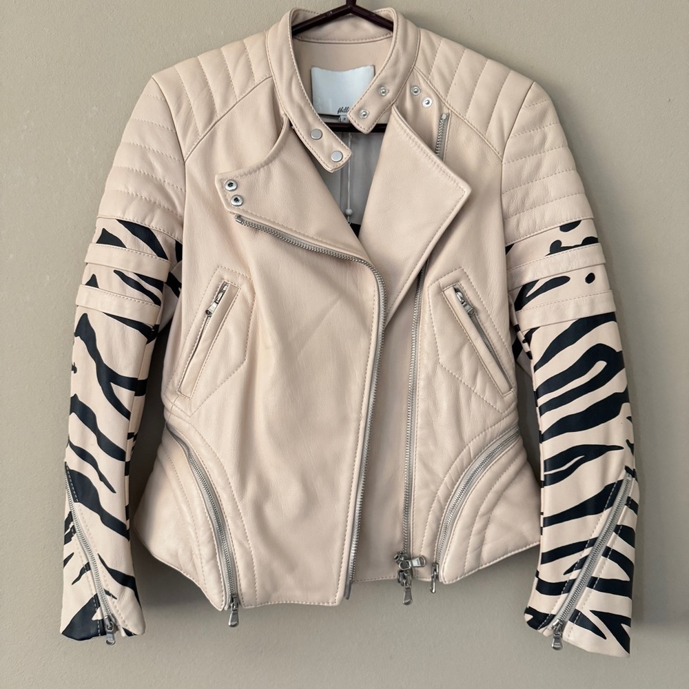 NWT 3.1 Phillip Lim nude zebra striped peplum motorcycle leather jacket …